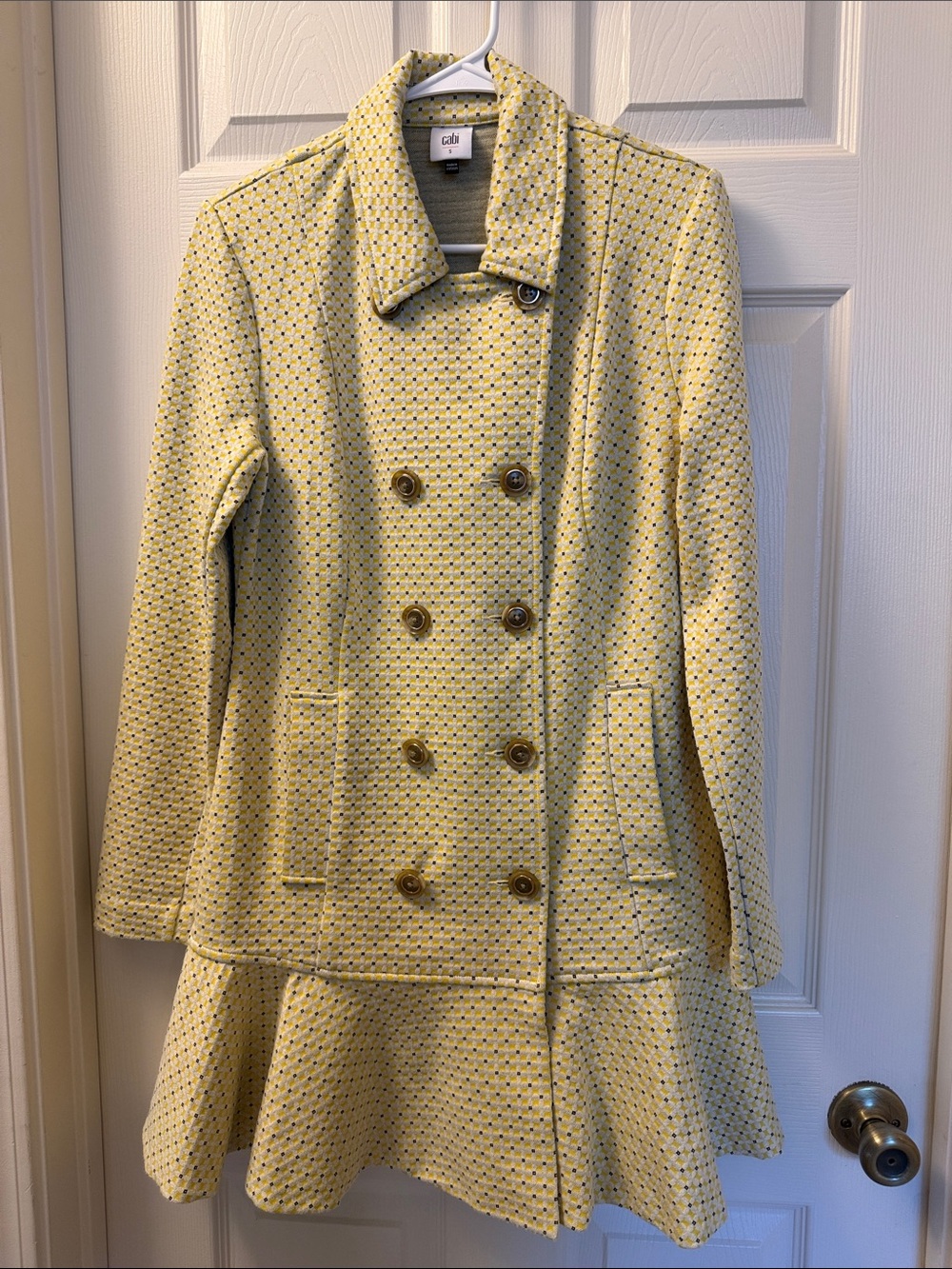 Cabi Hobnob Topper Jacket Daffodil Yellow Geo Knit Ruffle Hem Size S